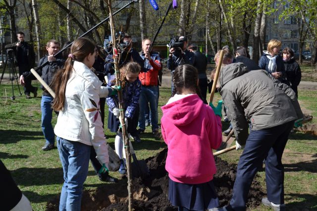 На Вешняковской улице высаживать деревья главному экологу столицы Антону Кульбачевскому помогали дети - фото 22