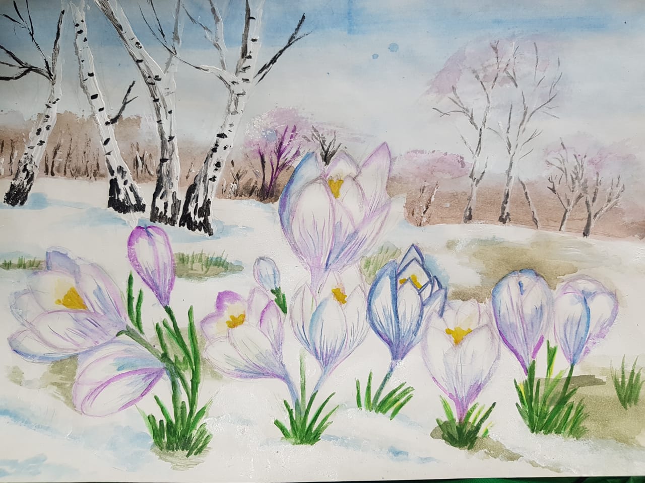 Весенний пейзаж детский рисунок. Первоцветы (подснежники, крокусы, гиацинты).. Весенние рисунки.