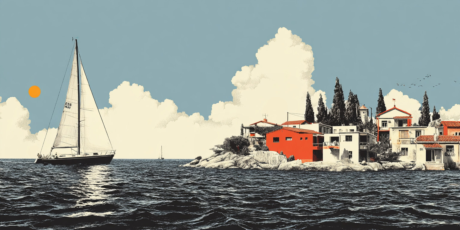 elbyko sailing yacht on the horizon a coast with a small town 603e0467