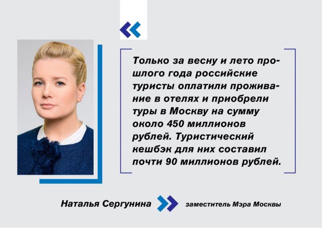 Сергунина: 90 миллионов рублей туристического кешбэка получили россияне за поездки в Москву весной и летом 2021 года - фото 1